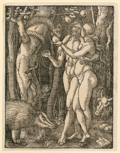 Adán y Eva, lámina 2 de la serie "Pequeña Pasión en xilografía" de Albrecht Dürer