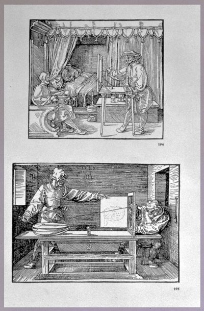 Aparato para traducir objetos tridimensionales en dibujos bidimensionales, dos escenas del primer libro técnico del artista Introducción en el Arte de la Medición con Compás y Regla, escrito de Albrecht Dürer