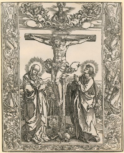 Cristo en la cruz con un borde de ángeles de Albrecht Dürer