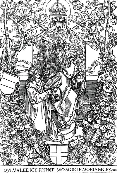 Conrad Celtes presentando su libro Quatuor Libri Amorum a Maximiliano I, 1502 de Albrecht Dürer