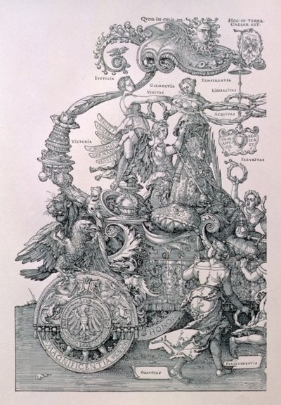 Diseño para El Gran Carro Triunfal del Emperador Maximiliano I: detalle que muestra a las Virtudes colocando una corona en la cabeza del Emperador, planeado por Willibald Pirckheimer, pub. c.1518 de Albrecht Dürer