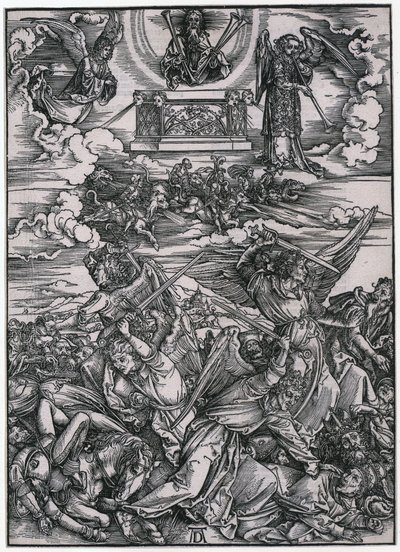 La batalla de los ángeles, figura VII, lámina 9 de la serie «El Apocalipsis» de Albrecht Dürer