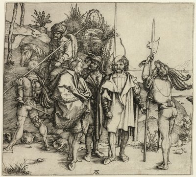 Cinco lansquenetes y un hombre oriental a caballo de Albrecht Dürer