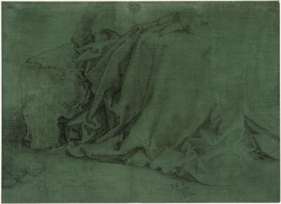 Estudio de paños de una mujer sentada en un banco de piedra de Albrecht Dürer