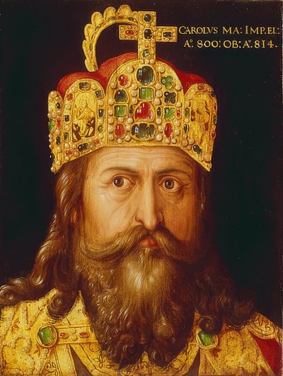 Retrato idealizado del emperador Carlomagno con el atuendo de coronación y la corona imperial. Núremberg, 1517 de Albrecht Dürer