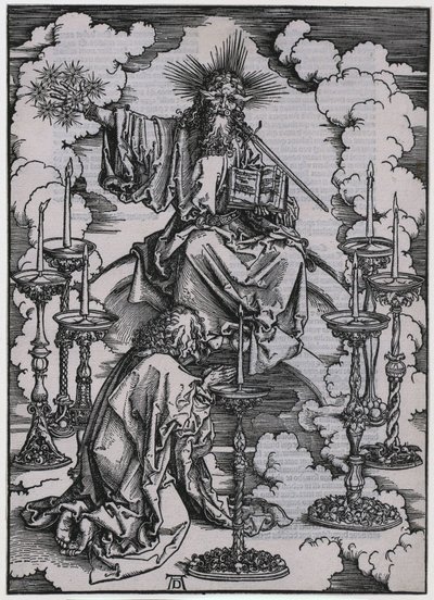 Juan contempla los siete candelabros, figura I, lámina 3 de la serie «El Apocalipsis» de Albrecht Dürer