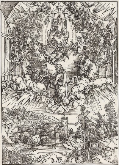 San Juan ante Dios Padre y los ancianos, de la serie del Apocalipsis. 1496 de Albrecht Dürer