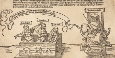Justicia, Verdad y Razón en las Estacas con el Juez Sentado y la Piedad Durmiente, probablemente 1526 de Albrecht Dürer