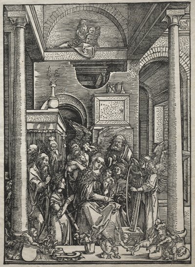 Vida de la Virgen: Adoración de la Virgen y el Niño por santos y ángeles de Albrecht Dürer