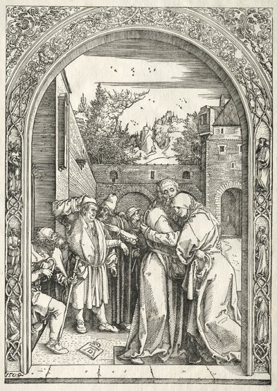 Vida de la Virgen: Joaquín y Ana Abrazándose bajo la Puerta Dorada de Albrecht Dürer
