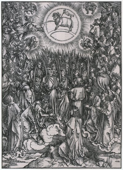 Canto de alabanza de los elegidos en el cielo / Adoración del Cordero, figura XII, lámina 14 de la serie «El Apocalipsis» de Albrecht Dürer