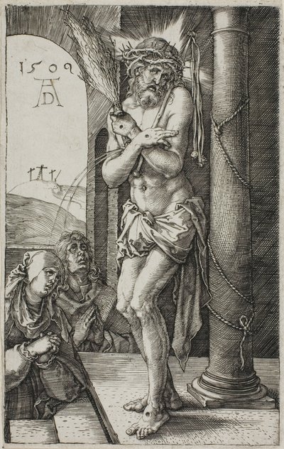 Hombre de dolores junto a la columna, frontispicio de La Pasión Grabada de Albrecht Dürer