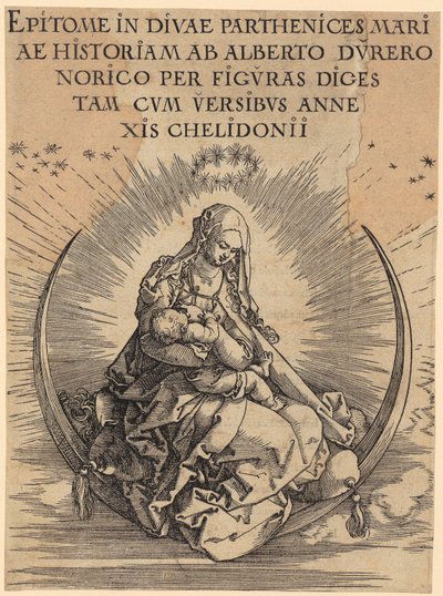 María sobre la media luna, lámina 1 de la serie «La vida de María» de Albrecht Dürer