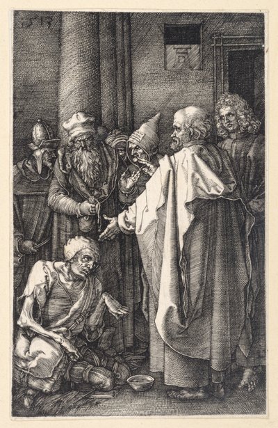 Pedro y Juan curando a un mendigo cojo en el templo (Pasión grabada) de Albrecht Dürer