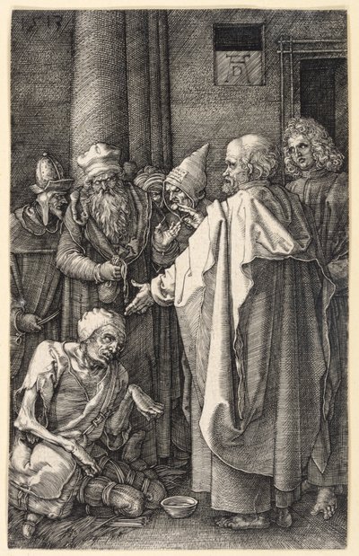 Pedro y Juan curando a un mendigo cojo en el templo (Pasión grabada) de Albrecht Dürer