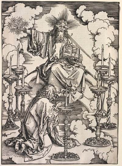 Revelación de San Juan: San Juan contemplando los siete candelabros de Albrecht Dürer