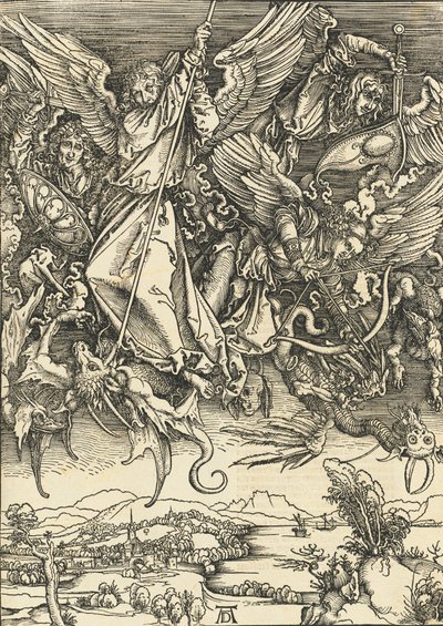 San Miguel luchando contra el dragón, probablemente c. 1496-1498 publicado 1511 de Albrecht Dürer