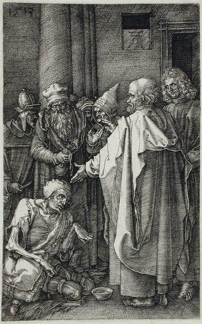Los santos Pedro y Juan curan a un lisiado en la puerta del Templo de Albrecht Dürer
