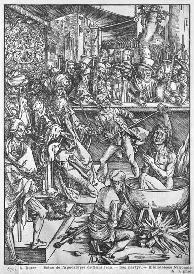 Escena del Apocalipsis, El martirio de San Juan Evangelista, edición latina, 1511 de Albrecht Dürer