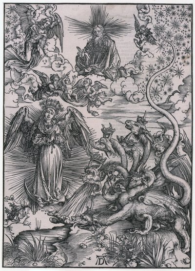 «La Mujer del Sol y el dragón de siete cabezas», figura IX, lámina 11 de la serie «El Apocalipsis» de Albrecht Dürer