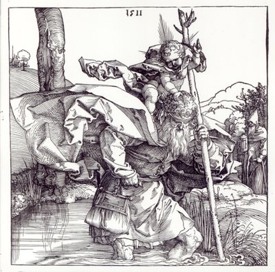 San Cristóbal llevando al Niño Cristo, 1511 (xilografía) (foto en blanco y negro) de Albrecht Dürer