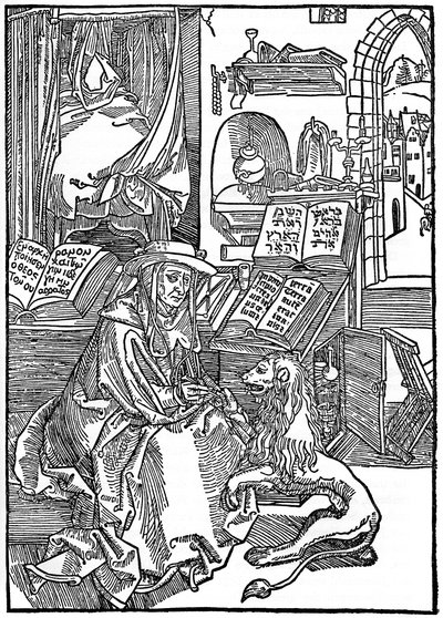 San Jerónimo en su estudio sacando una espina de la pata de un león, 1492 de Albrecht Dürer