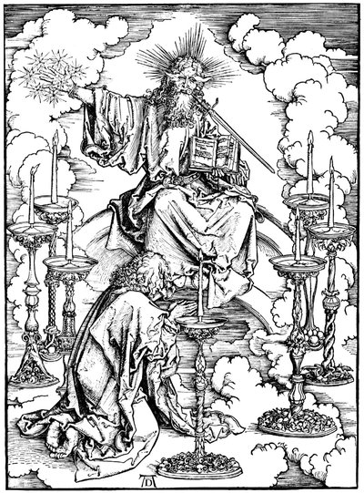 Visión de San Juan de Cristo y los siete candelabros del Apocalipsis, c. 1497 de Albrecht Dürer