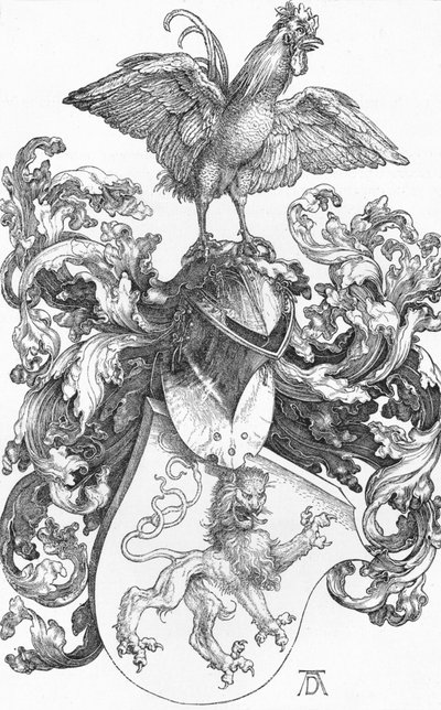 El escudo de armas con un león y un gallo, c. 1502-1503, 1906 de Albrecht Dürer