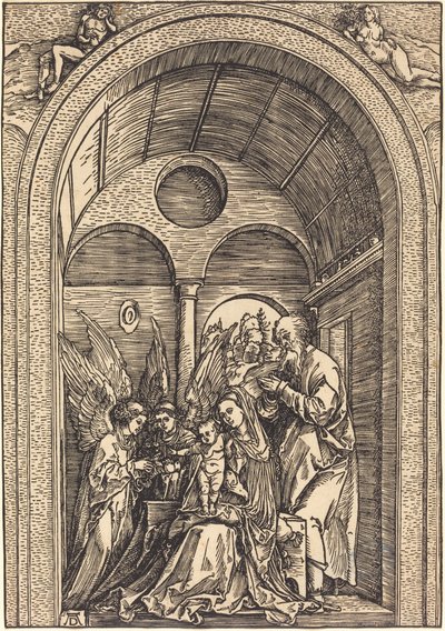 La Sagrada Familia con dos ángeles en un salón abovedado de Albrecht Dürer