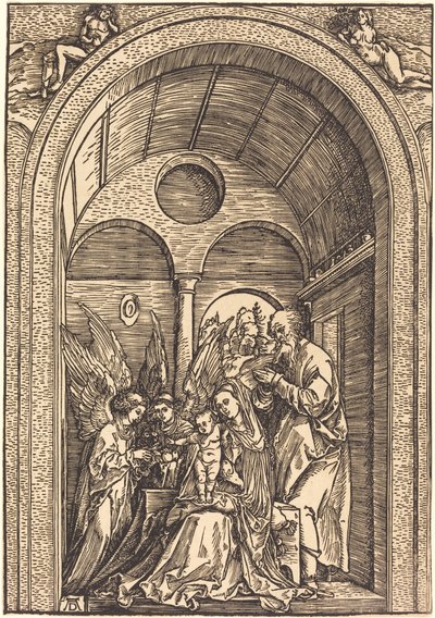 La Sagrada Familia con dos ángeles en un salón abovedado de Albrecht Dürer