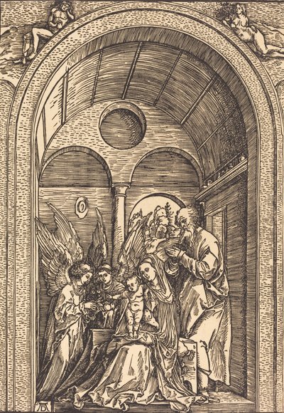 La Sagrada Familia con dos ángeles en un salón abovedado, c. 1504 de Albrecht Dürer