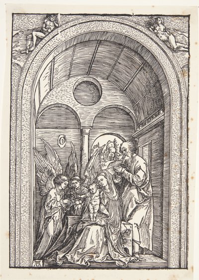 La Sagrada Familia con dos ángeles en un salón abovedado de Albrecht Dürer