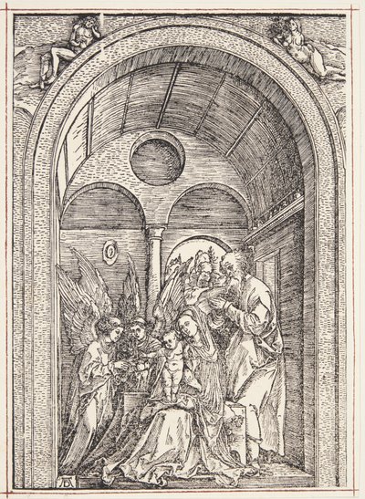 La Sagrada Familia con dos ángeles en un salón abovedado de Albrecht Dürer
