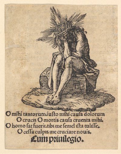 El hombre de dolores sentado, página de título de La pequeña pasión, ca. 1511 de Albrecht Dürer