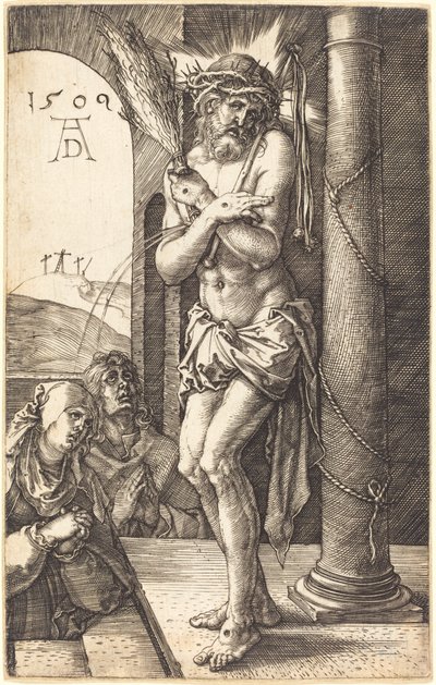 El hombre de dolores de pie junto a la columna de Albrecht Dürer