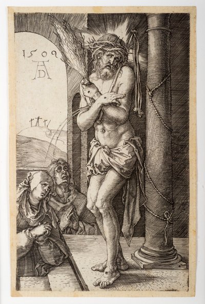 El Varón de Dolores junto a la columna con la Virgen y San Juan, de la "Pasión grabada" de Albrecht Dürer