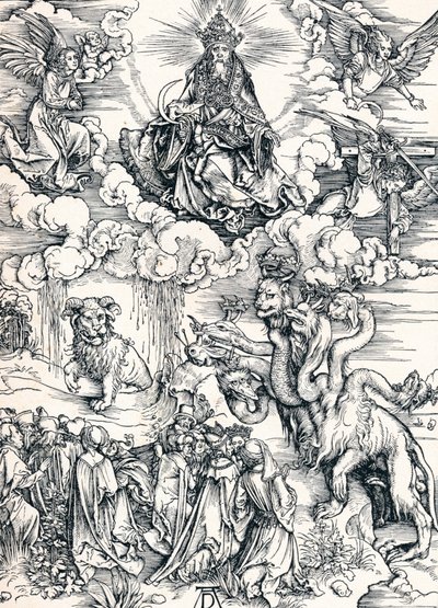La bestia de siete cabezas y la bestia con cuernos de cordero, 1498 de Albrecht Dürer