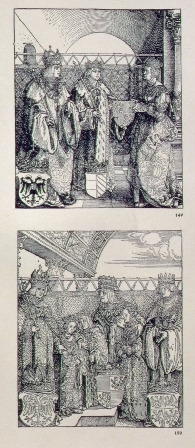 El Arco Triunfal del Emperador Maximiliano I (1459-1519): detalle que muestra dos paneles colocados sobre el portal izquierdo que representan eventos en la vida del Emperador Maximiliano, pub. 1517-28 de Albrecht Dürer