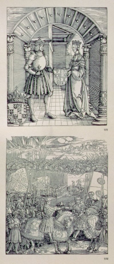 El Arco Triunfal del Emperador Maximiliano I de Alemania (1459-1519): detalle que muestra dos paneles colocados sobre el portal izquierdo que representan (arriba) a Maximiliano I y su primera esposa María de Borgoña (1457-82) de Albrecht Dürer