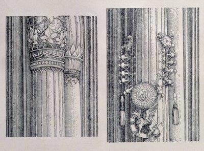 El Arco Triunfal del Emperador Maximiliano I de Alemania (1459-1519): dos detalles de las Puertas de Honor y Poder centrales que muestran la columna izquierda y los adornos del capitel, fechado en 1515, pub. 1517-18 de Albrecht Dürer