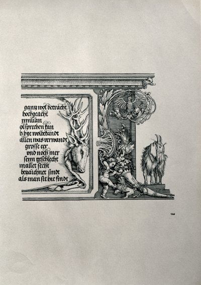 El Arco Triunfal del Emperador Maximiliano I de Alemania: (detalle) de una piel de ciervo con una inscripción alabando las conexiones familiares del Emperador, con una cabra de orejas caídas, símbolo de agudeza de Albrecht Dürer