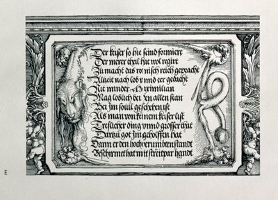 El Arco Triunfal del Emperador Maximiliano I de Alemania: (detalle) del esquema decorativo mostrando una piel de león con una inscripción alabando las conexiones familiares del Emperador, pub. 1517-18 de Albrecht Dürer