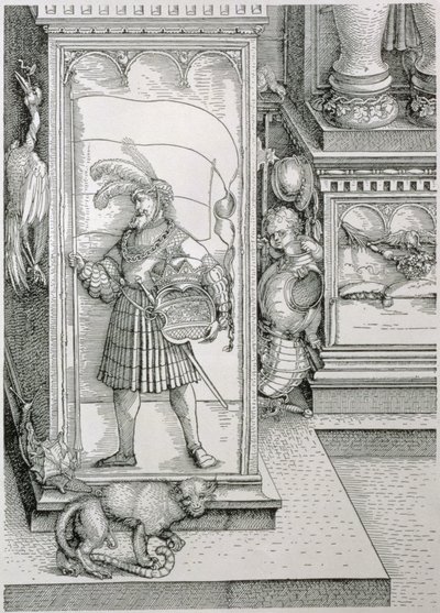 El Arco Triunfal del Emperador Maximiliano I de Alemania: (detalle) de la base de la columna del portal con un relieve tallado de una figura masculina llevando un estandarte y un escudo de armas coronado, pub. 1517-18 de Albrecht Dürer