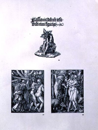 Tres páginas de la serie Pequeña Pasión: (arriba) portada con Cristo como el Hombre de los Dolores y una inscripción en latín; (izquierda) La Expulsión del Paraíso; (derecha) Adán y Eva, pub. 1511 de Albrecht Dürer