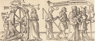 El tiempo y un zorro girando la rueda de la fortuna con personas de todos los rangos a la derecha, probablemente 1526 de Albrecht Dürer
