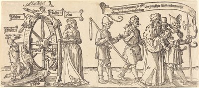 El tiempo y un zorro girando la rueda de la fortuna con personas de todos los rangos a la derecha de Albrecht Dürer
