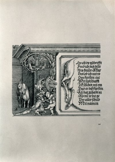 El Arco Triunfal del Emperador Maximiliano I de Alemania: (detalle) de una piel de ciervo con una inscripción alabando las conexiones familiares del Emperador, con una cabra de orejas caídas, símbolo de agudeza de Albrecht Dürer