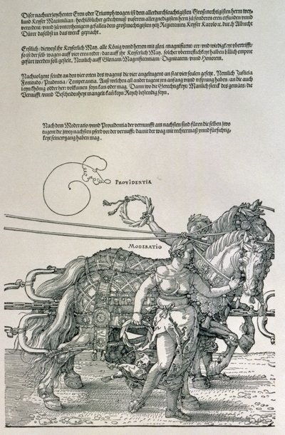 Carro triunfal del emperador Maximiliano I de Alemania (1459-1519): detalle de los equipos de caballos, guiados por dos Virtudes, Providencia y Moderación, pub. c.1518 de Albrecht Dürer