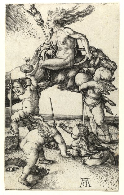 Bruja montando al revés en una cabra, c.1505 de Albrecht Dürer