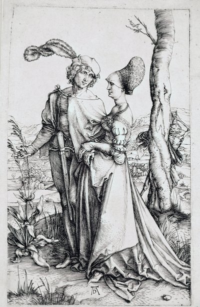 Una pareja caminando, observada por la Muerte escondida detrás de un árbol, sosteniendo un reloj de arena. Grabado de Albrecht Durer (1471-1528) 1496-1498. Dim. 19x12 cm Berlín, gabinete de grabados de Albrecht Dürer